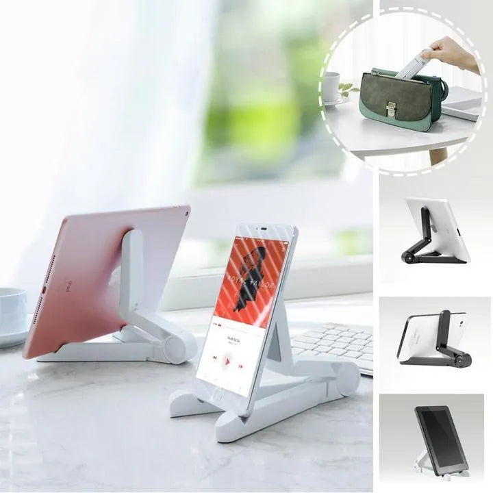 Black foldable tablet holder showing adjustable angle stand with phone positioned in landscape orientation