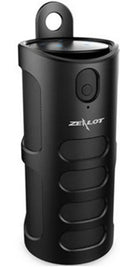 Black wireless Bluetooth speaker showing dimensions and call control buttons.