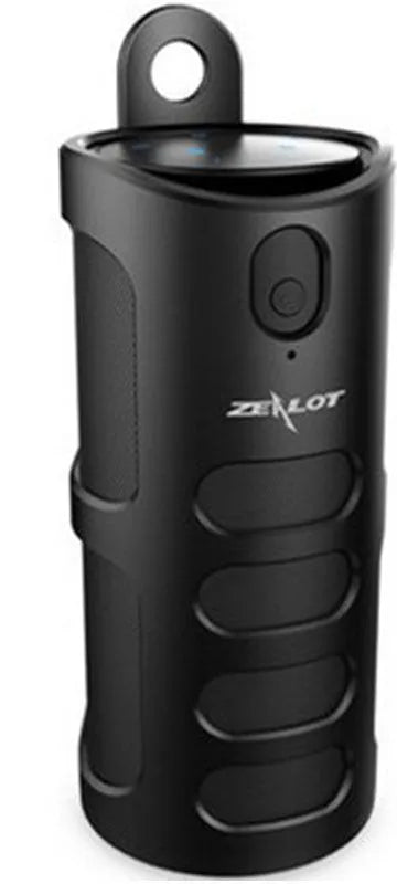 Black wireless Bluetooth speaker showing dimensions and call control buttons.