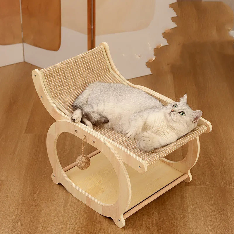 Solid wood cat scratcher bed with sisal scratching surface in natural wood finish