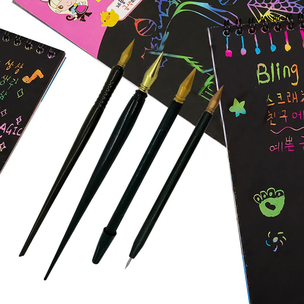 Children's scratch art brush pen with PS plastic brush-shaped handle for creative projects