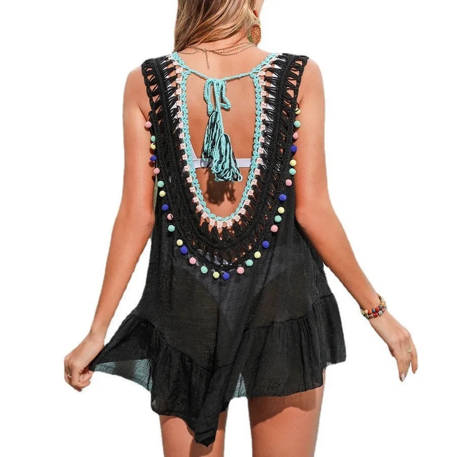 Black hand crocheted women's beach cover-up with cut-out ruffled design