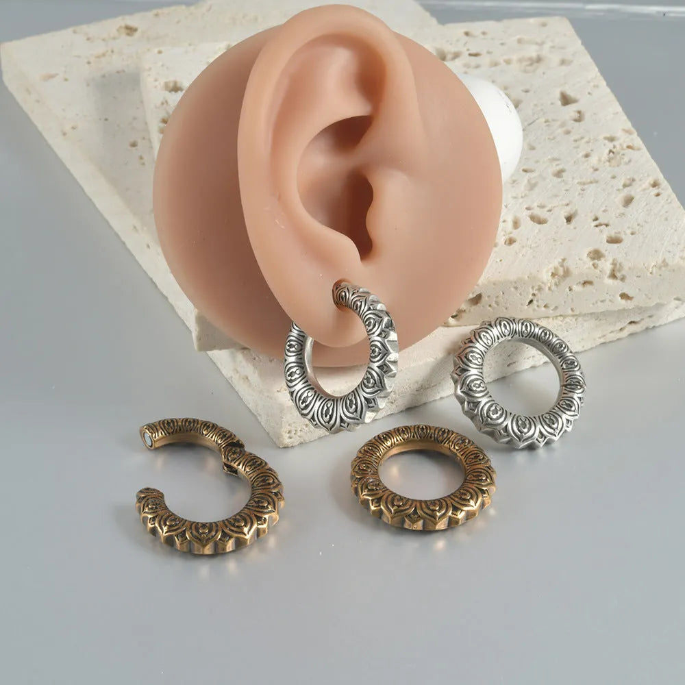 Large geometric copper auricle earrings with hollow-out design and antique silver dragon finish