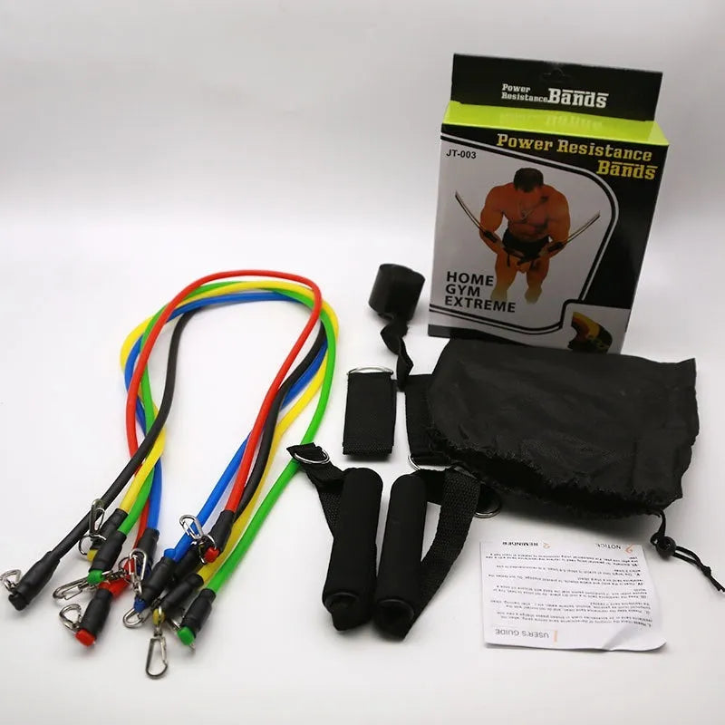 11-piece multi-functional door-mounted resistance training set with pulling rope and ABS plastic hooks.