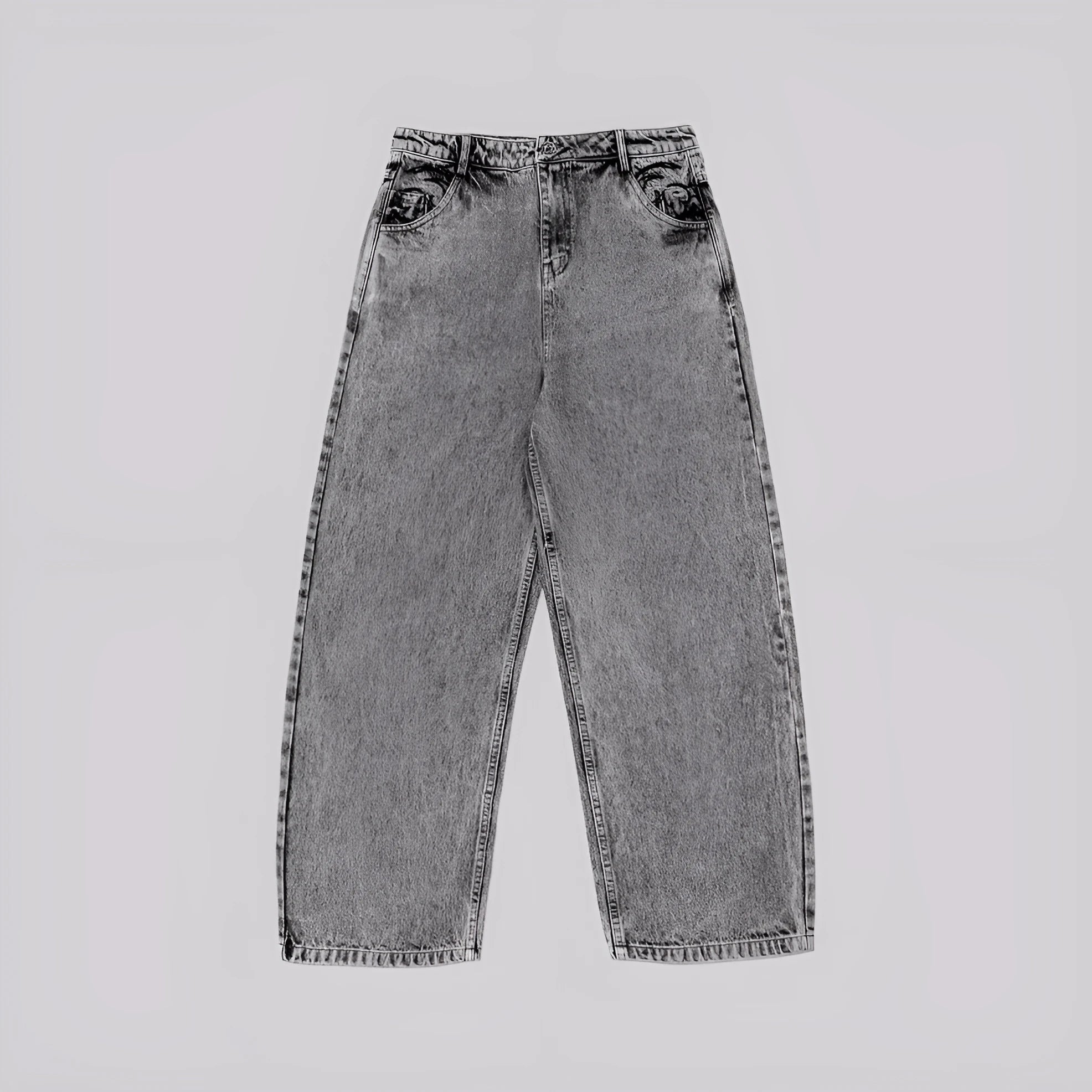 Grey loose straight-leg denim trousers showing mid-waist design and relaxed fit