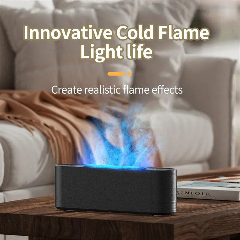 Black or white Flame Air ultrasonic humidifier and essential oil diffuser with LED flame lights on.