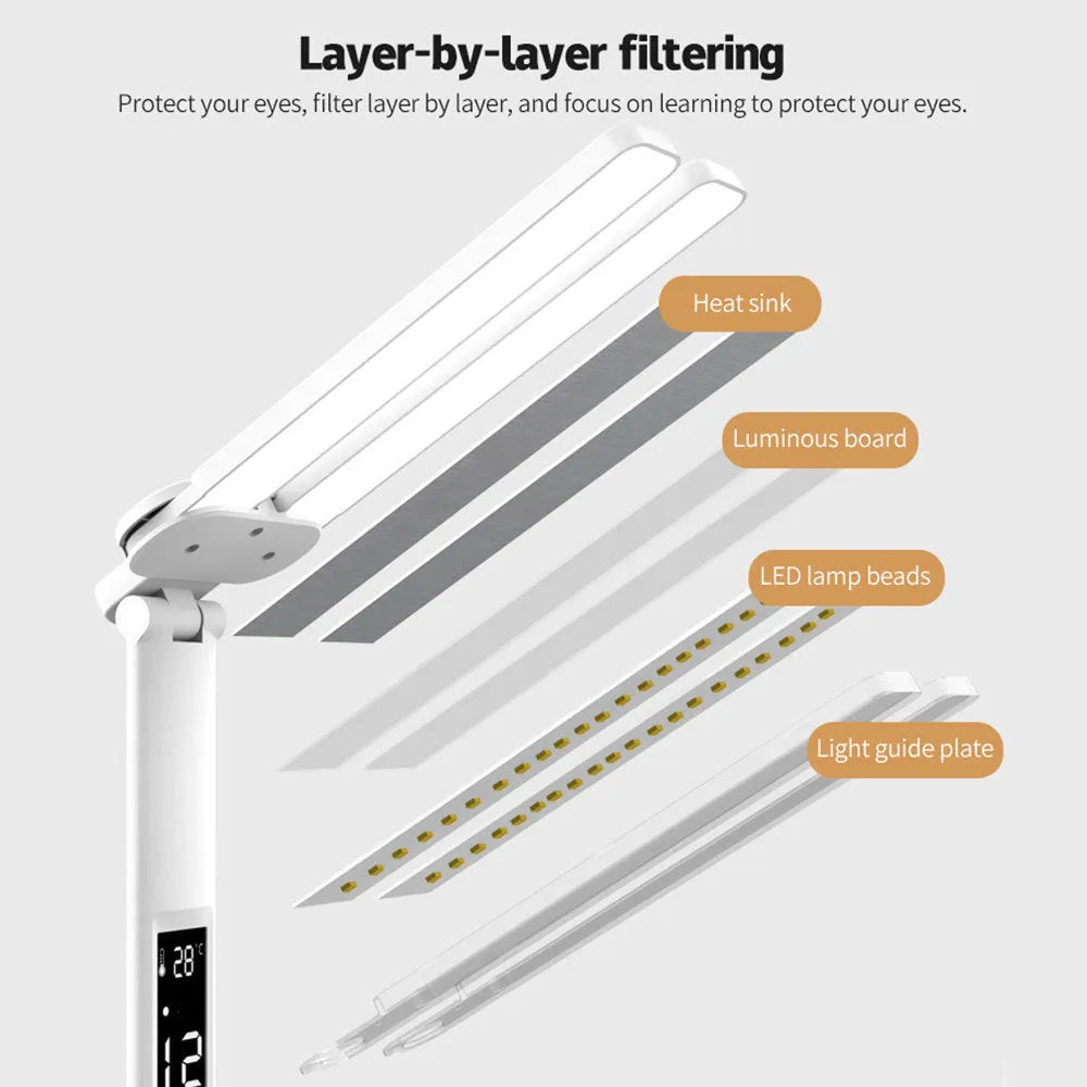 White LED desk lamp with built-in calendar and pen holder, touch control, USB powered, on a modern desk
