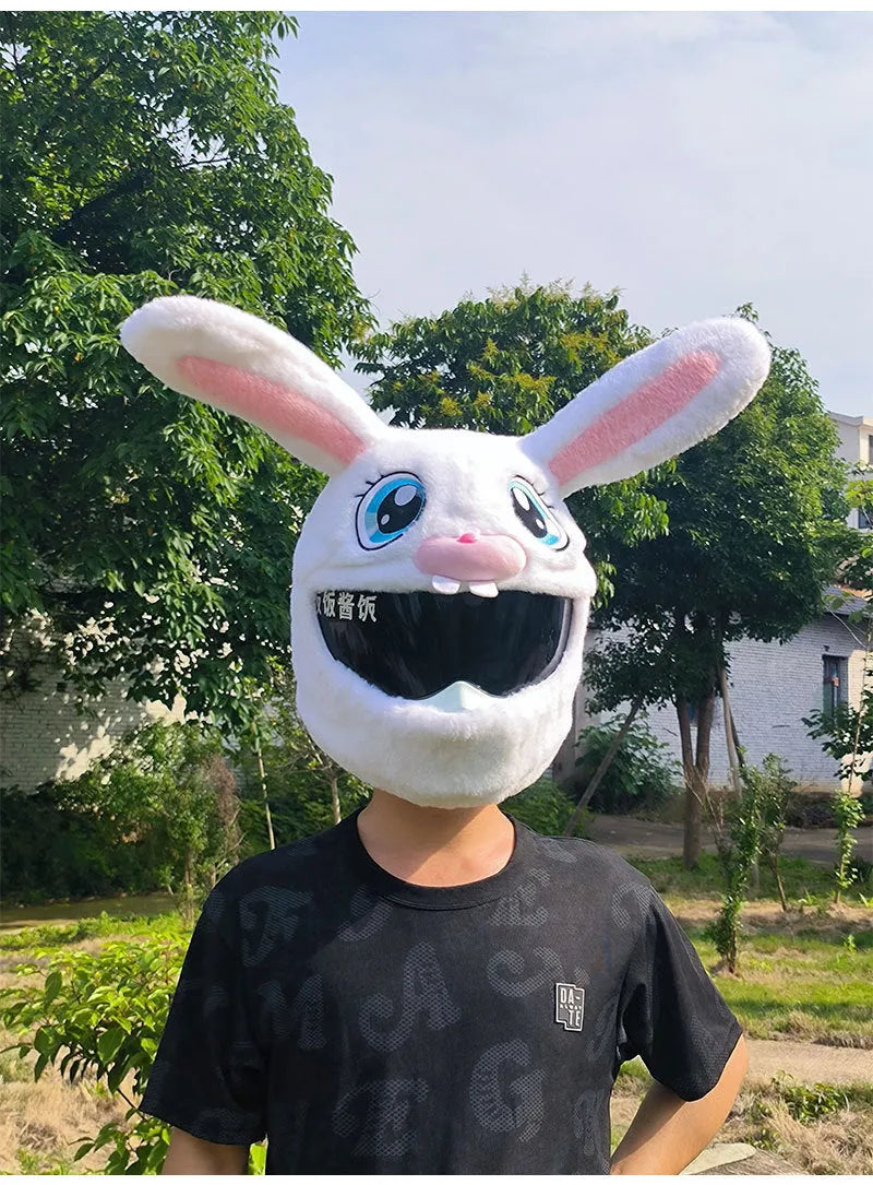 White rabbit head plush cover for motorcycle helmet with long ears.