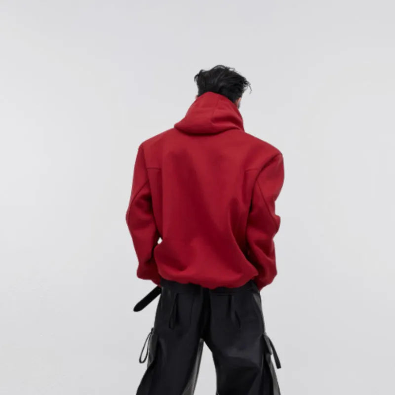 Men's black hooded sweater with three-dimensional printing and structured shoulder pads