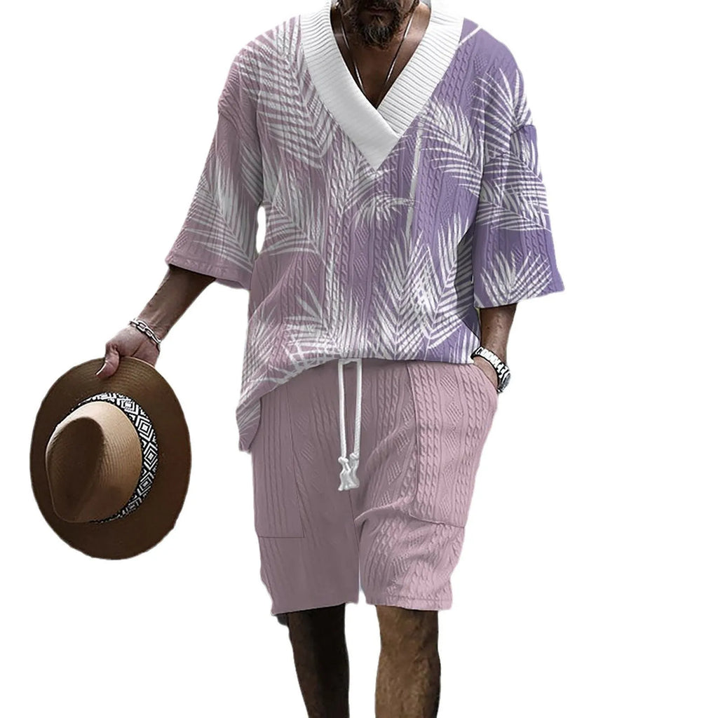 Men's printed drop shoulder knitted short sleeve top and matching shorts set