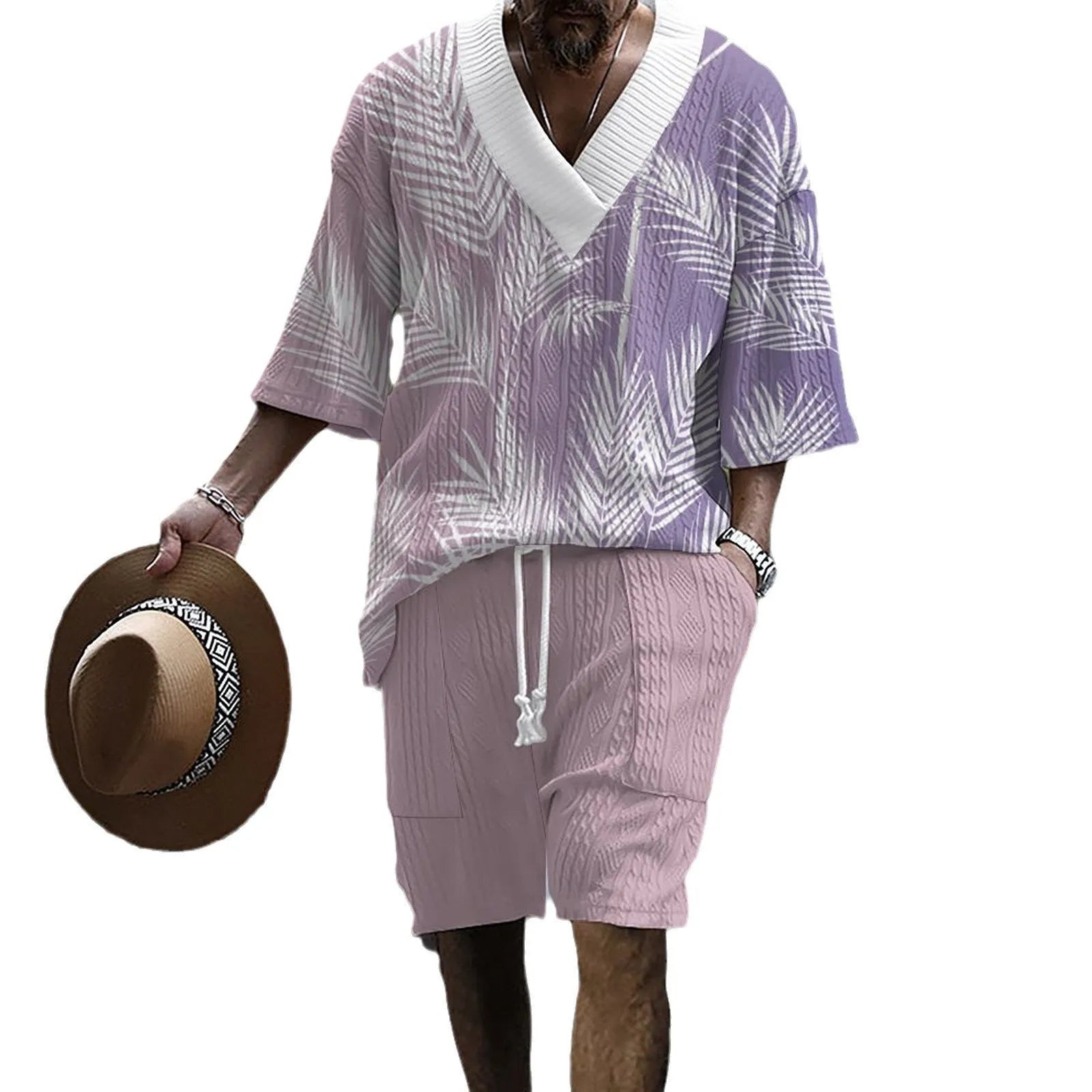 Men's printed drop shoulder knitted short sleeve top and matching shorts set