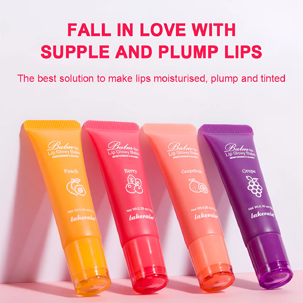 Women's natural lip gloss tube in one of four flavours: yellow peach, berry, pomelo, or grape.