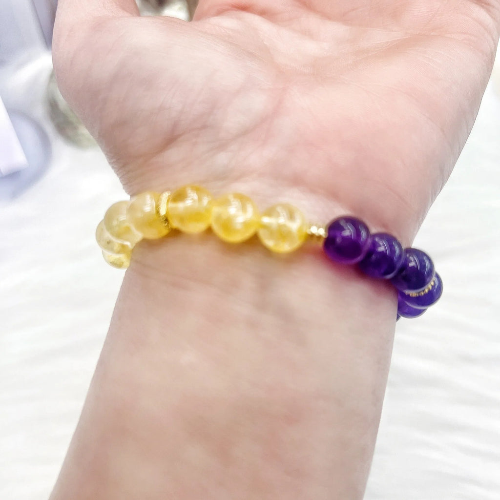 Handmade yellow and purple crystal bracelet with amethyst accents for women, adjustable 18-20cm length