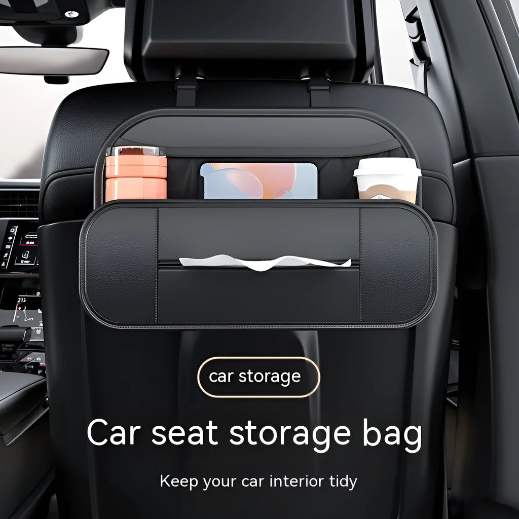 Black leather car seat rear storage bag with dimensions 36cm by 8cm by 24cm
