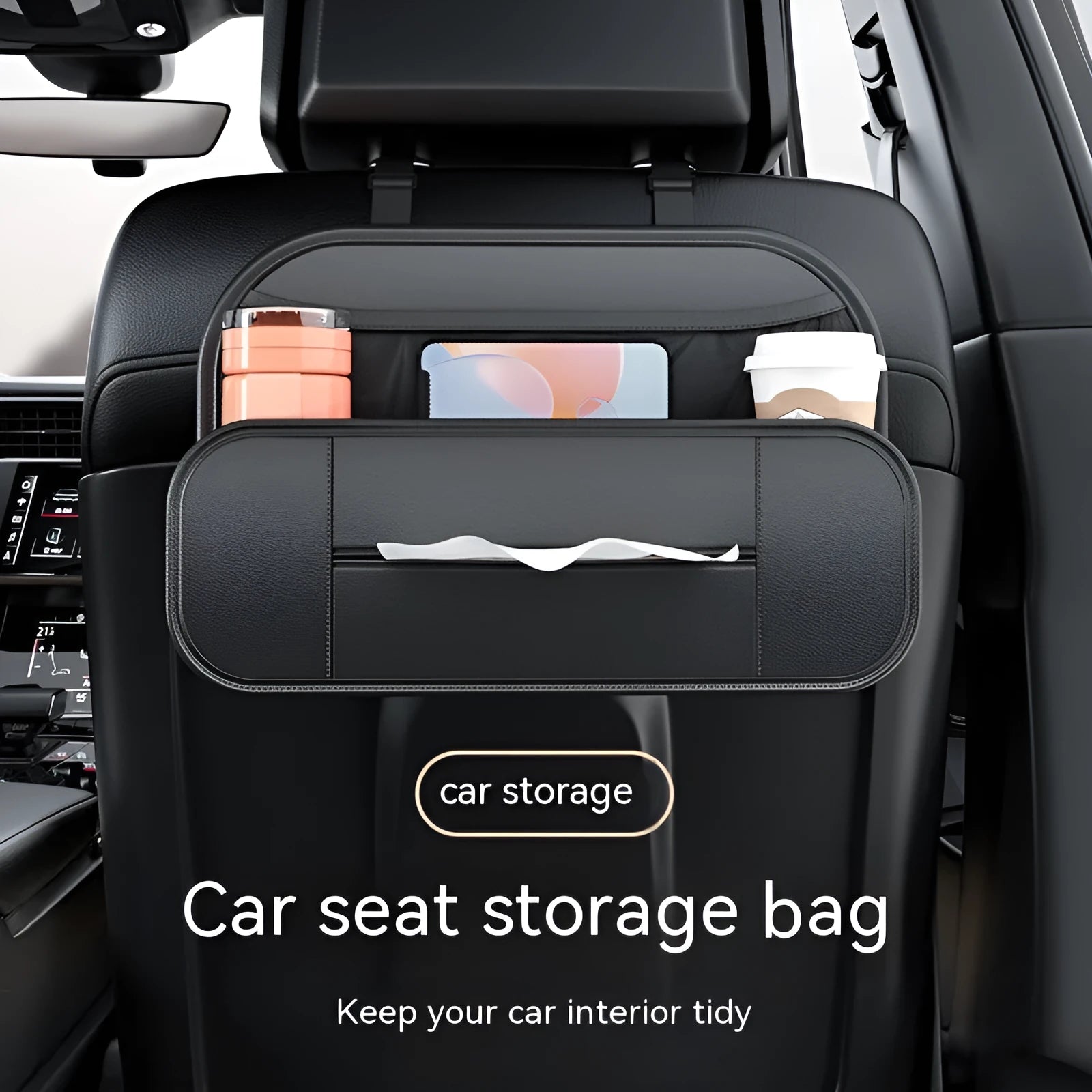 Black leather car seat rear storage bag with dimensions 36cm by 8cm by 24cm