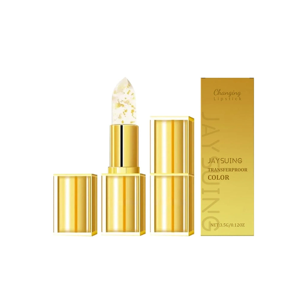 Gold foil discoloration nourishing lipstick in a compact black case, 3.5g net weight.