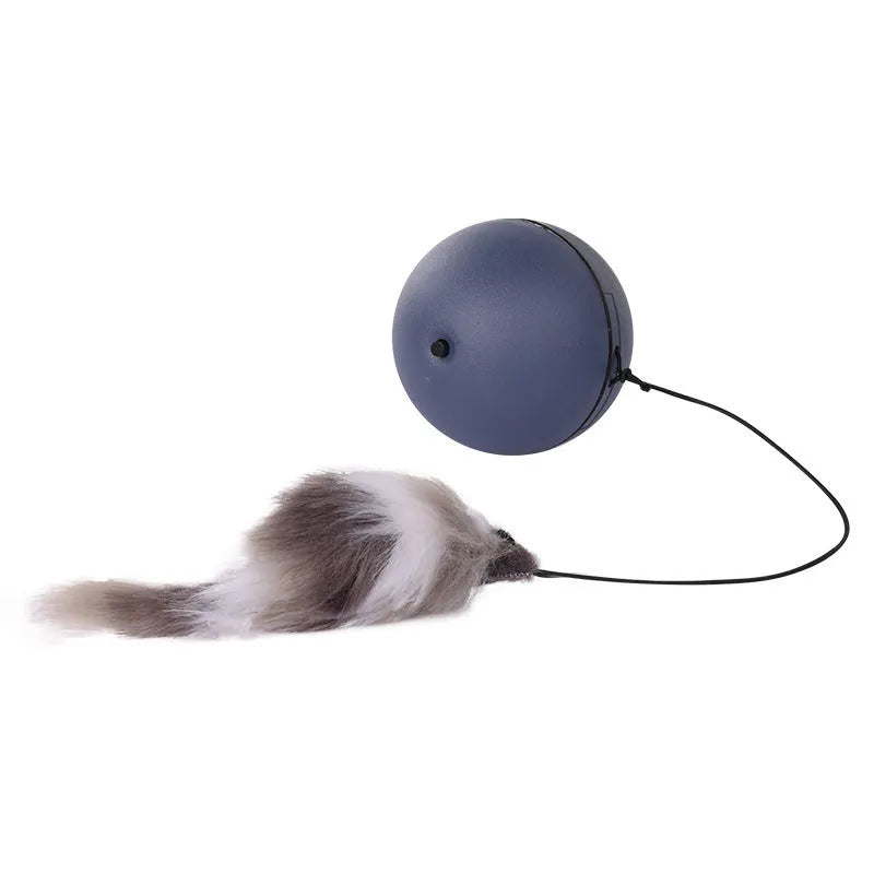 Blue and orange interactive cat toy ball with plush mouse attachment for indoor feline exercise