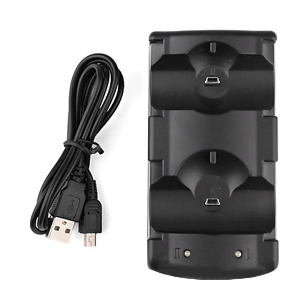 Black PS3 dual controller charging dock with two controller slots and USB cable
