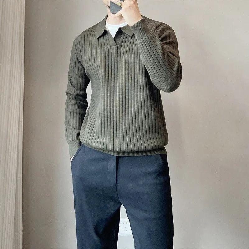 Male model wearing loose fit striped elastic knit sweater in modal and rabbit fur blend fabric