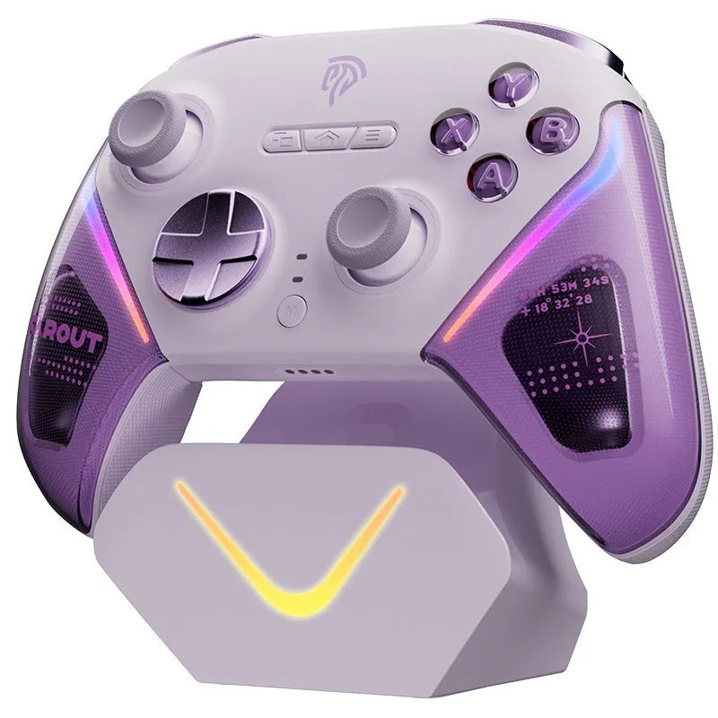 Xbox Elite Series 2 controller on charging base with adjustable trigger mechanism in black, green, or purple