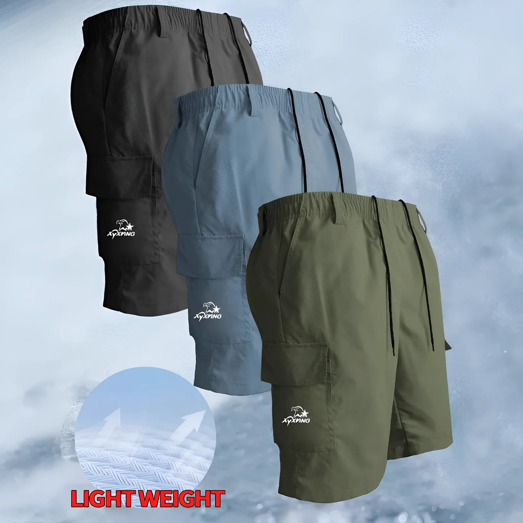Men's straight-leg sport shorts in polyester fabric available in black, blue, green, and khaki colours