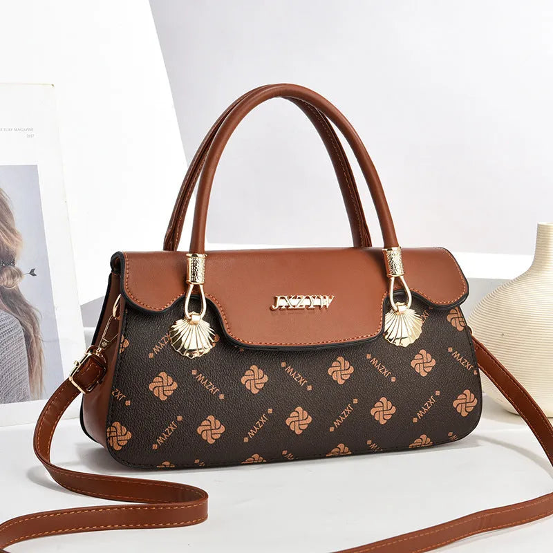Vintage letter-printed women's cross-body handbag in brown PU with single shoulder strap and polyester lining