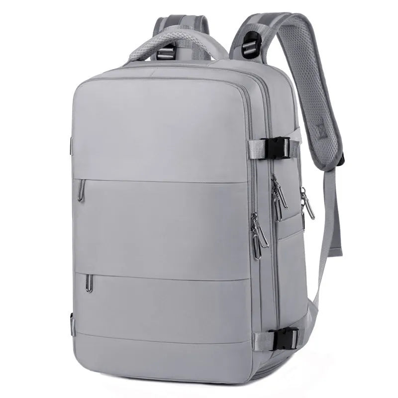 Purple women's travel backpack with multiple compartments and air pillow belt system