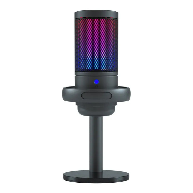USB condenser microphone with RGB lighting on cantilever stand for professional recording