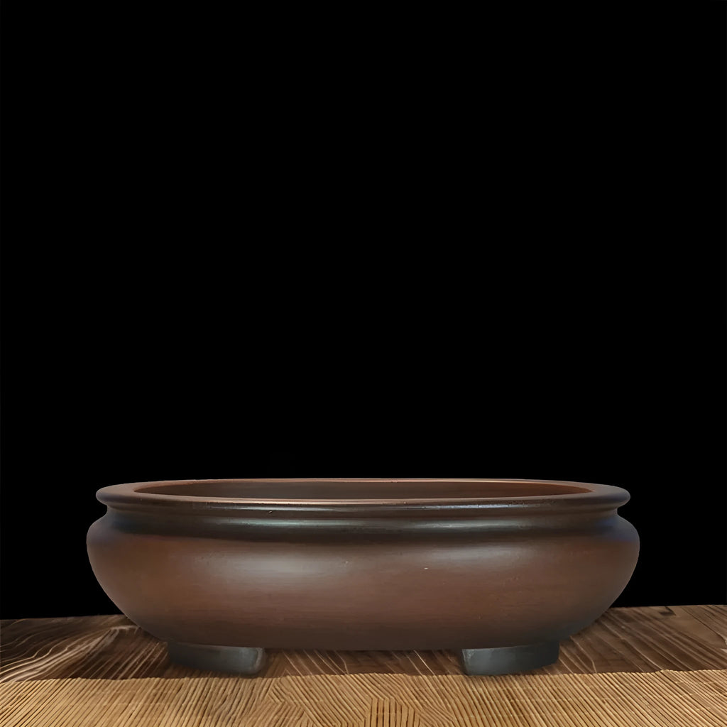 Handmade classical purple clay sand flowerpot on a desktop, showing its 58cm length and 18cm height.