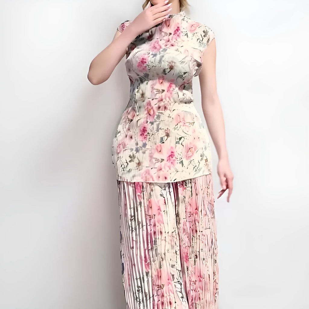 Long sleeve printed chiffon dress with high waist and matching top in a picture colour pattern.