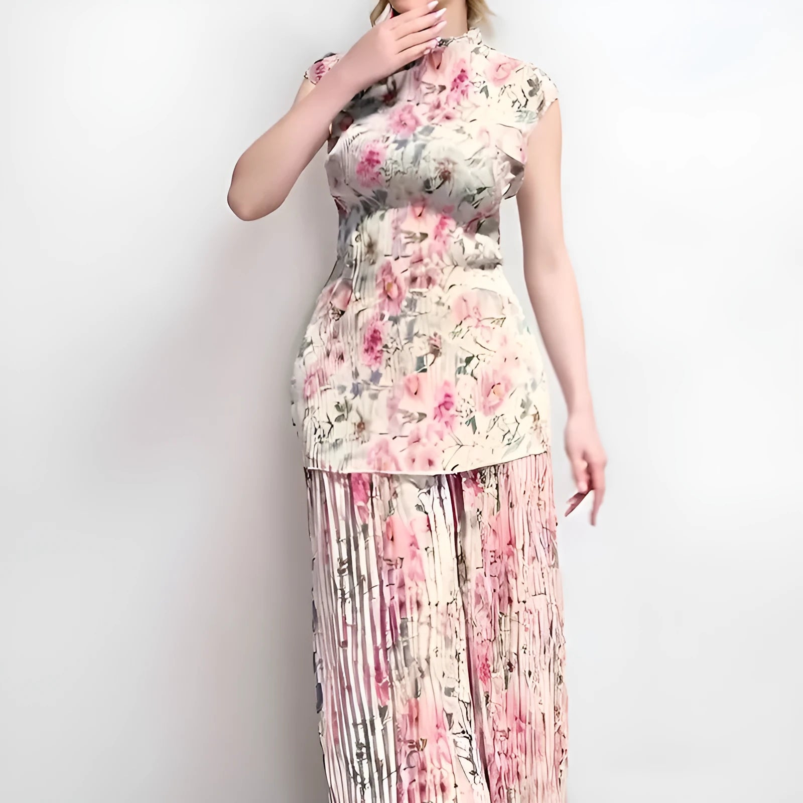 Long sleeve printed chiffon dress with high waist and matching top in a picture colour pattern.