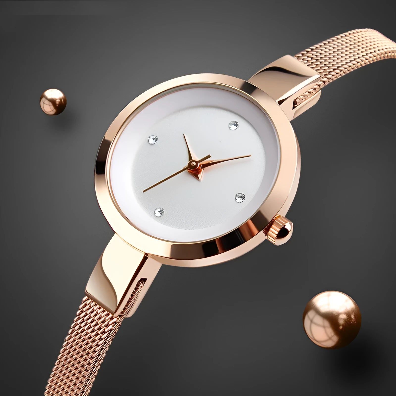 Korean women's slim watch with round dial and stainless steel buckle in rose gold colour