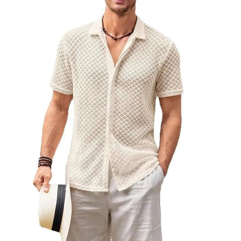 Men's short sleeve lapel shirt in mesh fabric available in milky white, white, and black colours