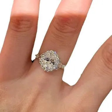 Silver colour adjustable ring with big diamond bridal bouquet geometry design and ellipse elements