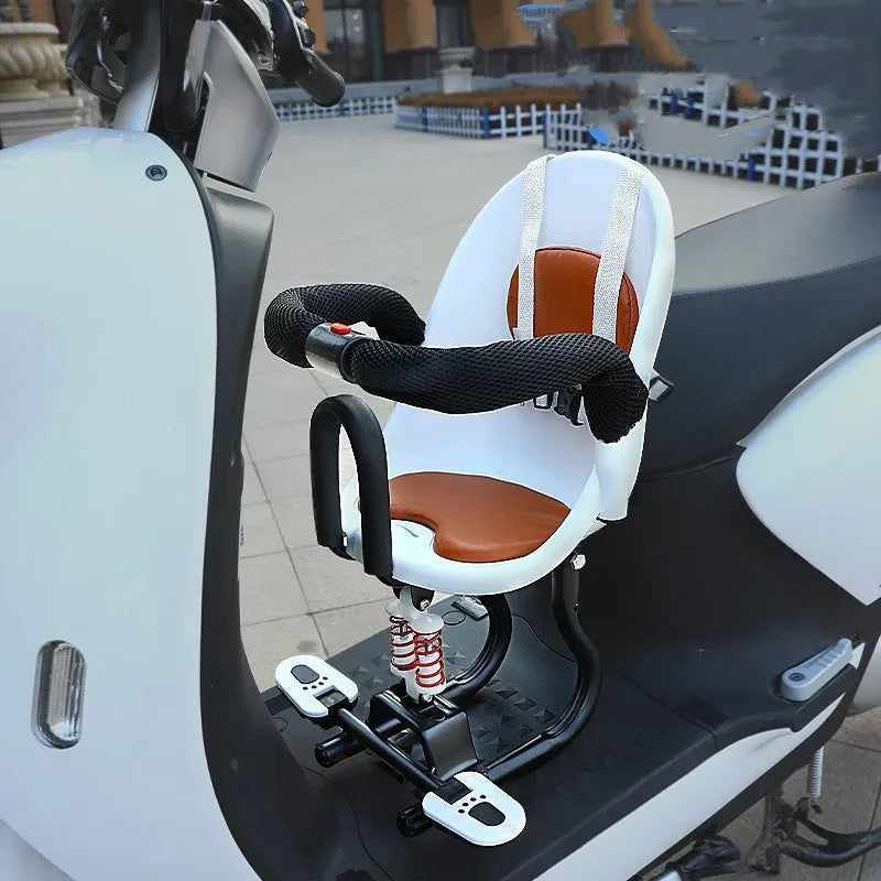Front-mounted child safety seat for battery scooter in black, made from high carbon steel pipe.