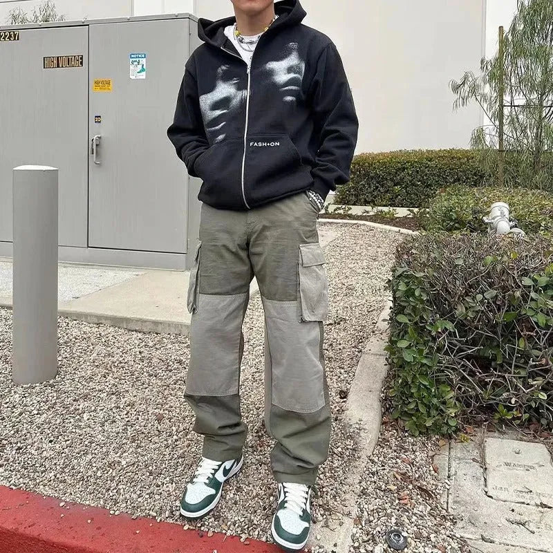 Unisex Y2K black zip hoodie with loose fit and attached hood, Korean streetwear style for teenagers
