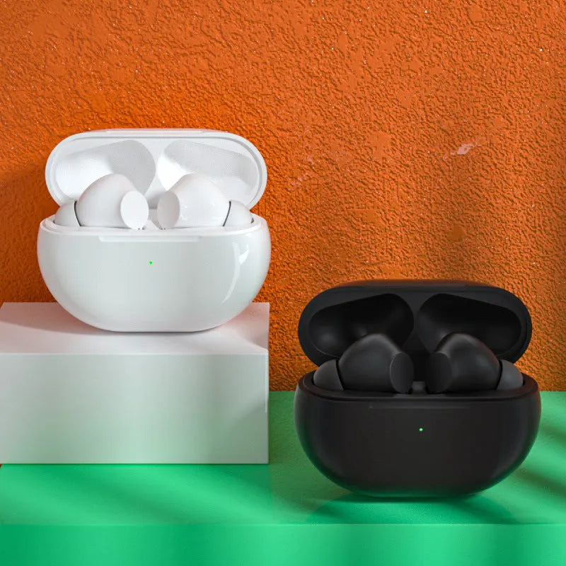 Pro4 Bluetooth 5.0 wireless earbuds in charging case, available in black and white colours.