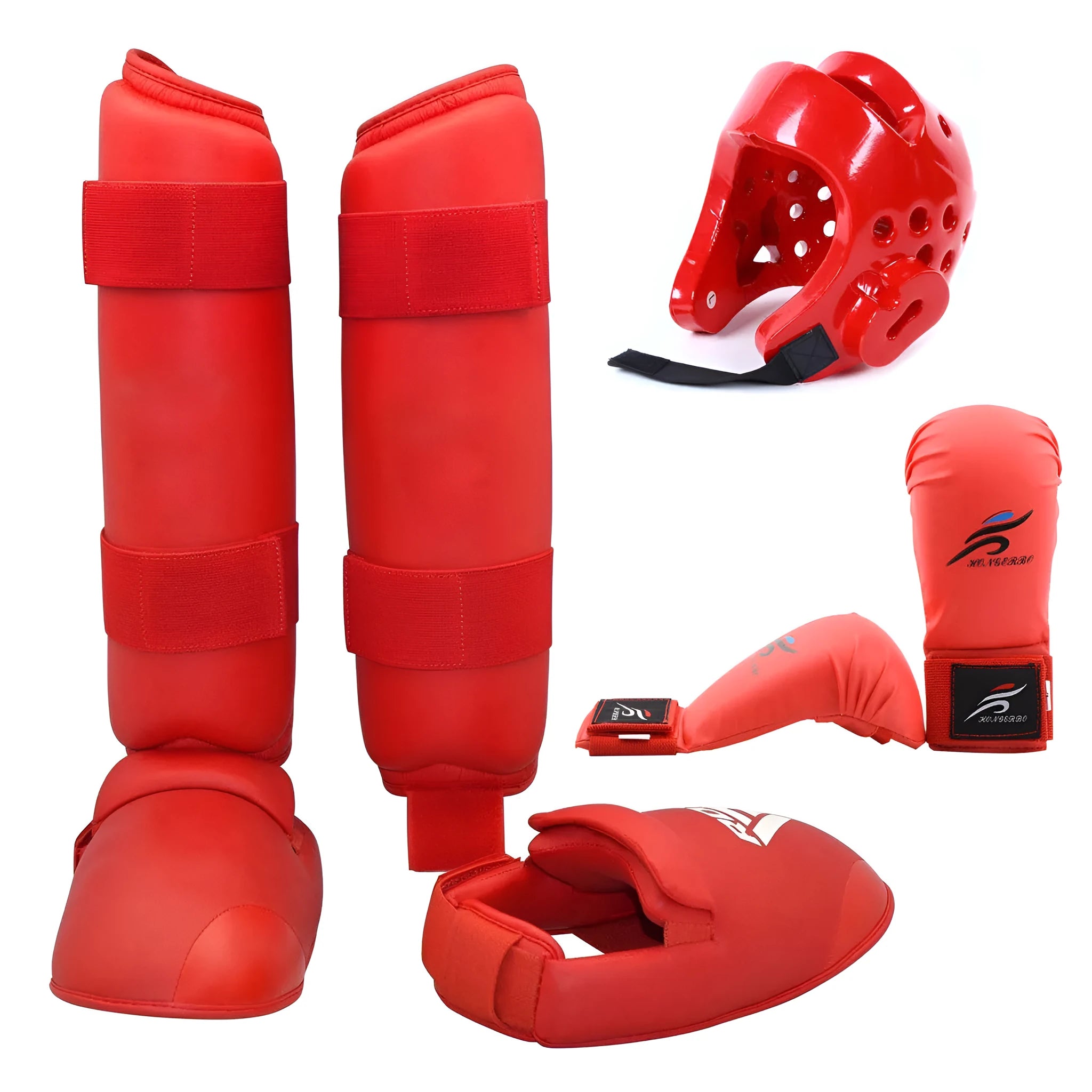 Karate protective gear set showing red helmet, boxing gloves and leg guard for martial arts training