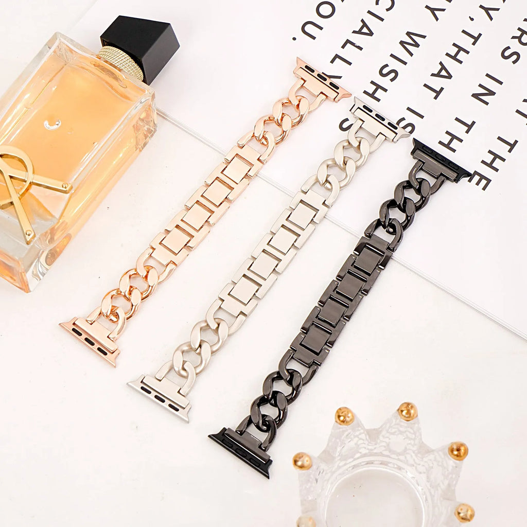 Denim chain link metal strap for Apple Watch in silver, black, gold, rose gold, and Starlight colours