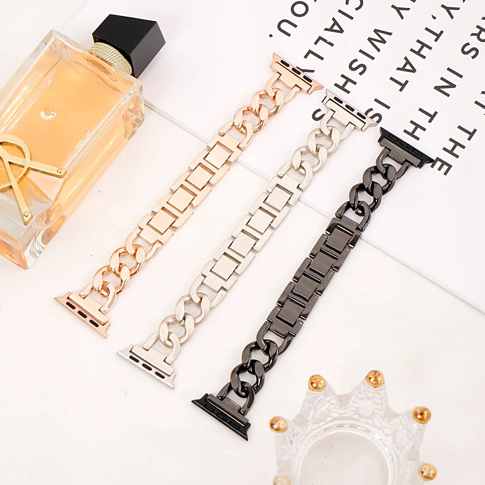 Denim chain link metal strap for Apple Watch in silver, black, gold, rose gold, and Starlight colours