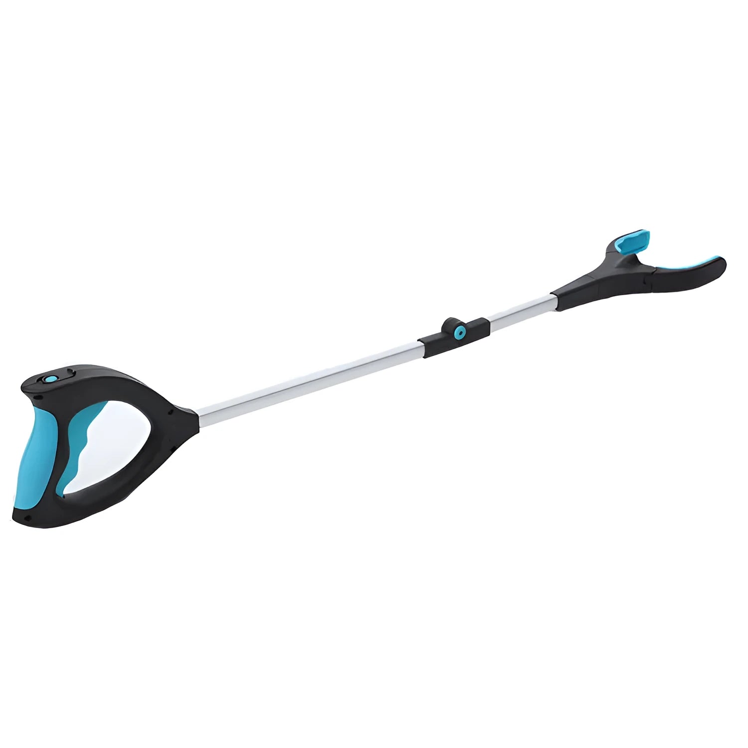 Blue foldable golf ball collector with extended telescopic aluminium tube and stainless steel head