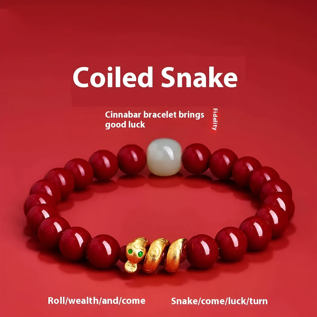 Handmade cinnabar Chinese zodiac bracelet with snake beads, shown in 6mm and 8mm size options.