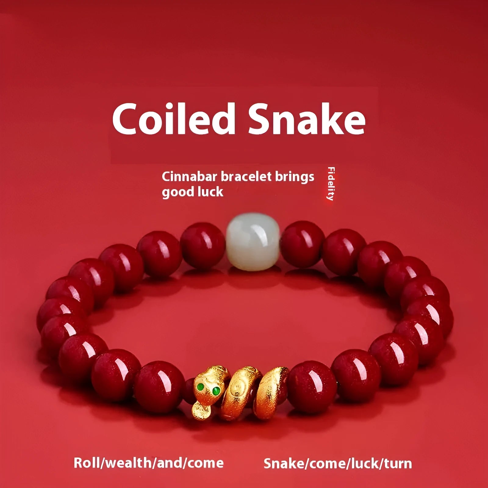 Handmade cinnabar Chinese zodiac bracelet with snake beads, shown in 6mm and 8mm size options.
