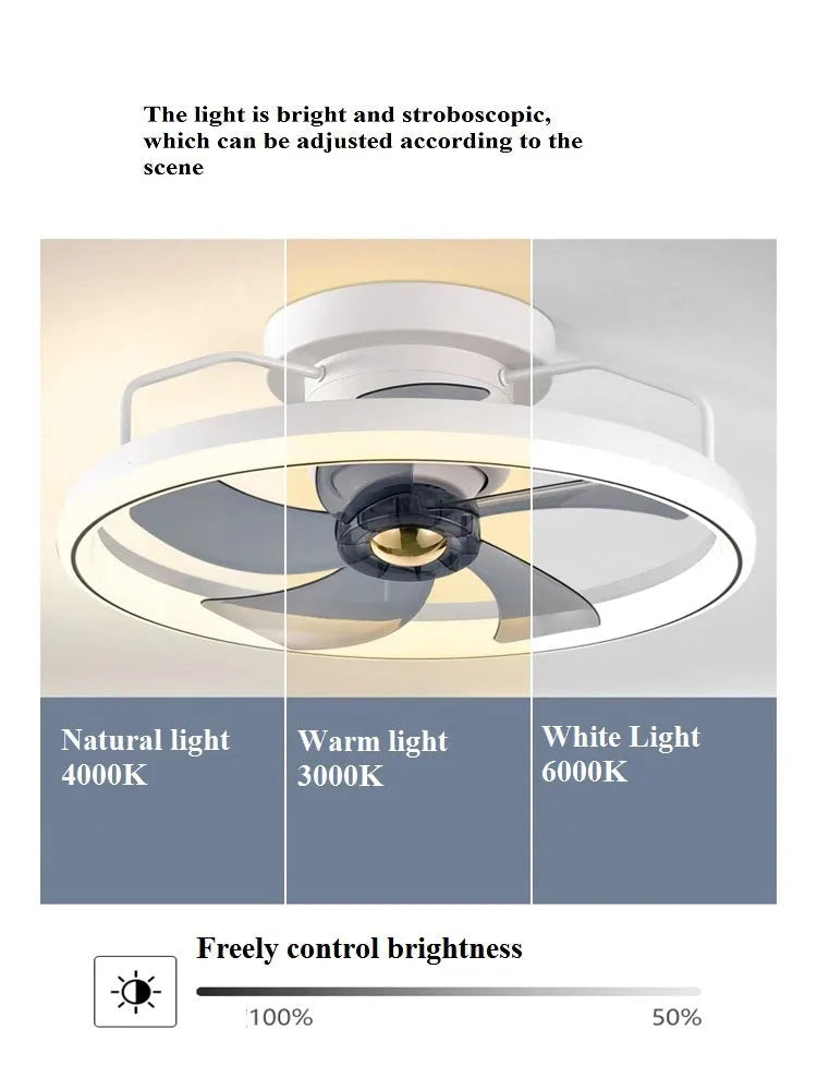 Modern simple style white ceiling fan lamp with integrated light and acrylic shade.