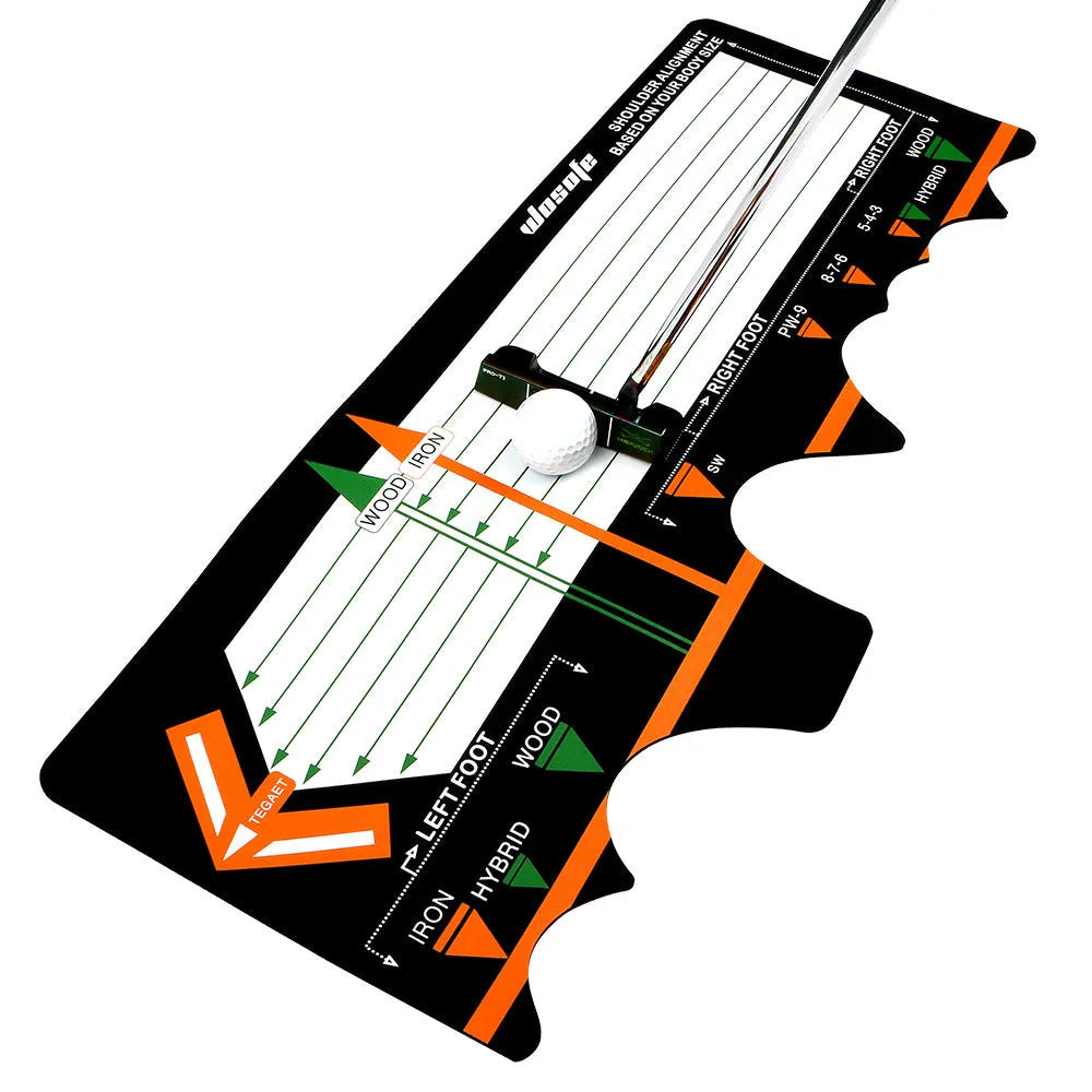 Black neoprene golf swing stance practice pad with alignment markers for posture correction.