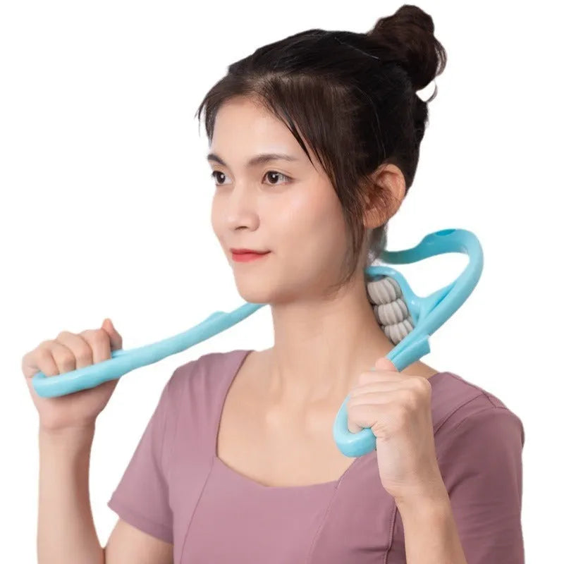 Blue plastic handheld massager with six wheels for neck, shoulder, and waist tension relief.