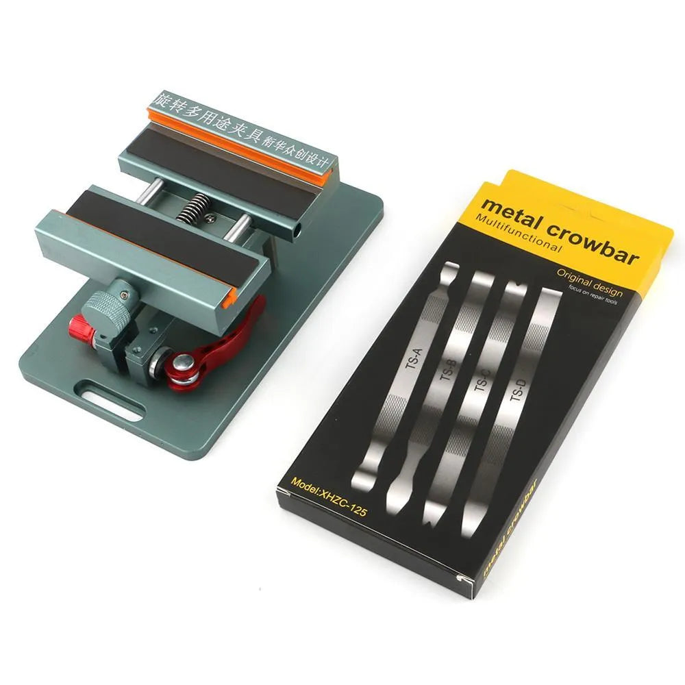 General mobile phone repair fixture with adjustable clamps, silicone grips, and a metal demolition crowbar tool.