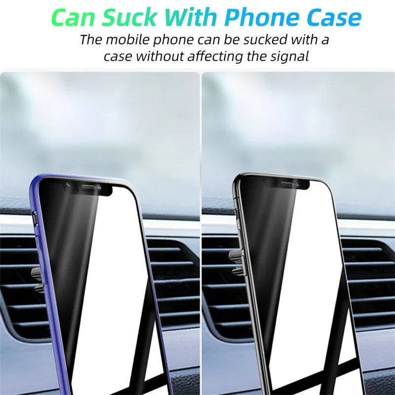 Black magnetic car phone holder attached to vehicle air vent with smartphone mounted