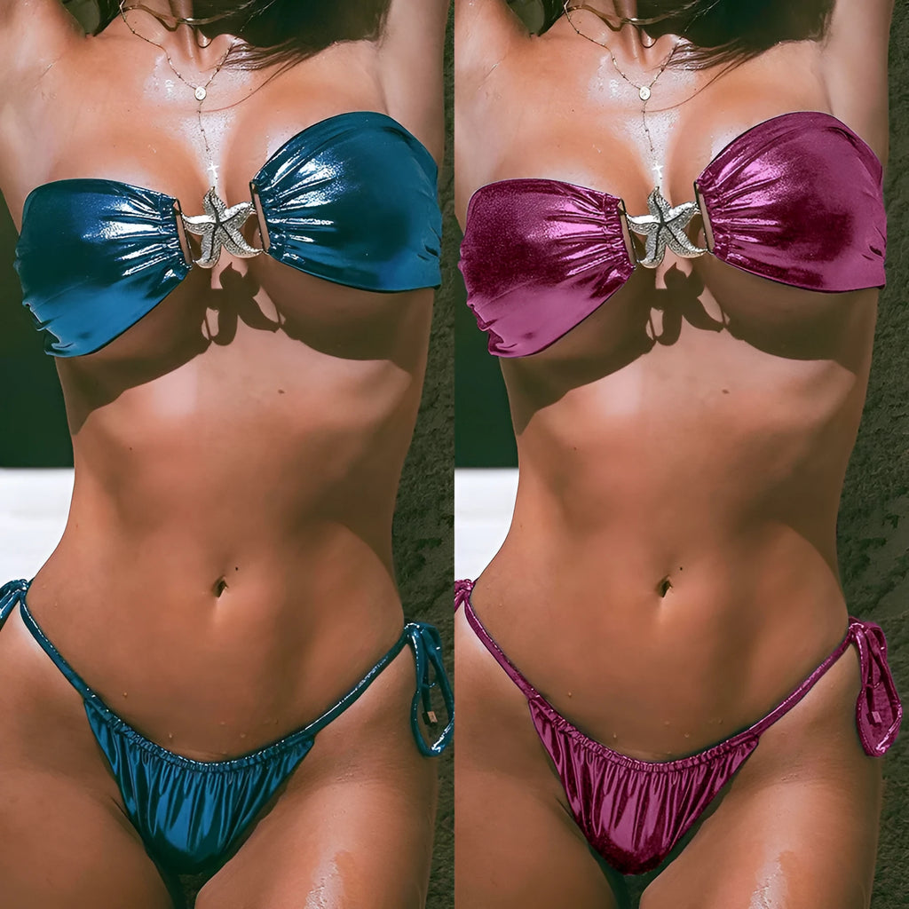Glossy sapphire blue tube top bikini set with long sleeves, gold starfish, and briefs bottom.