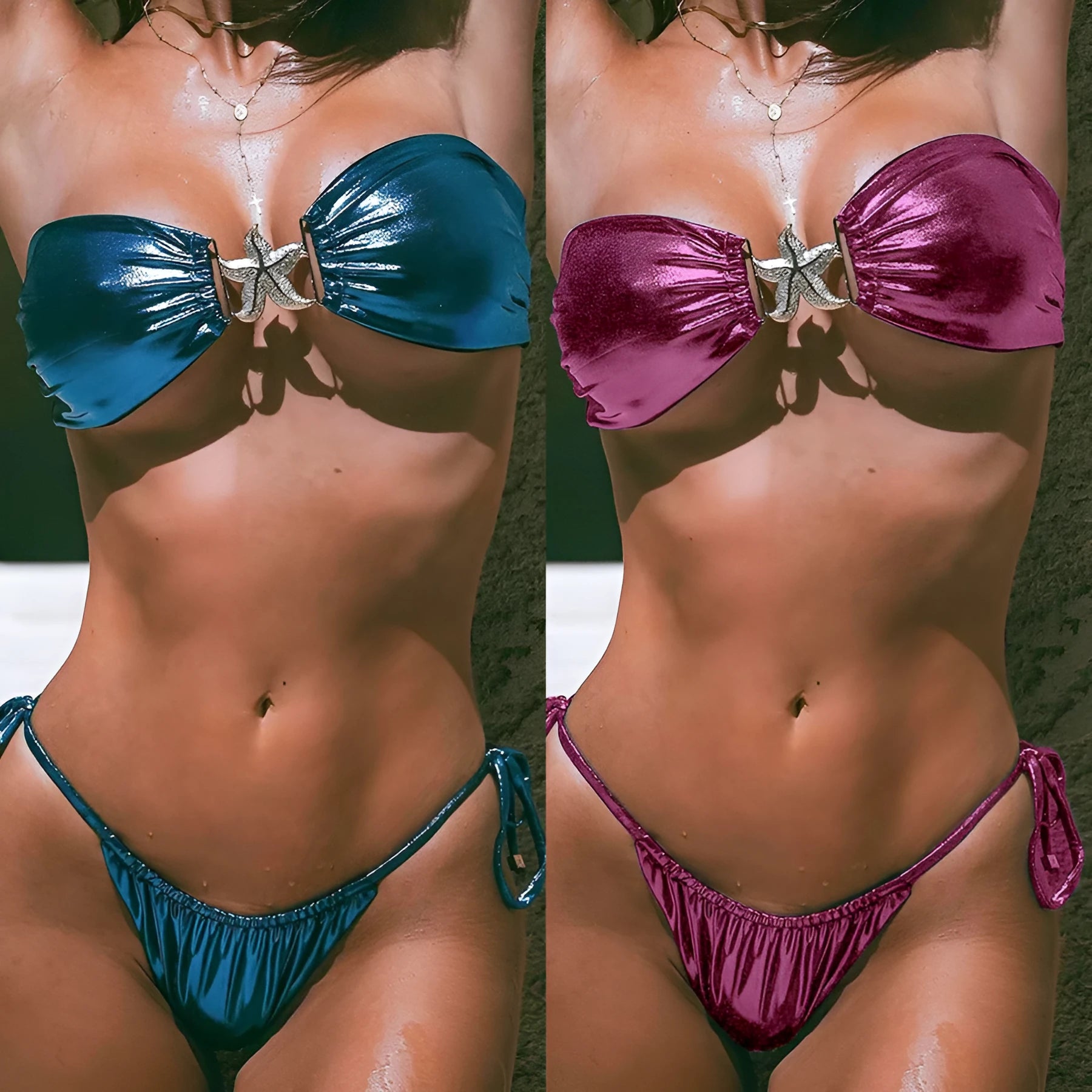 Glossy sapphire blue tube top bikini set with long sleeves, gold starfish, and briefs bottom.